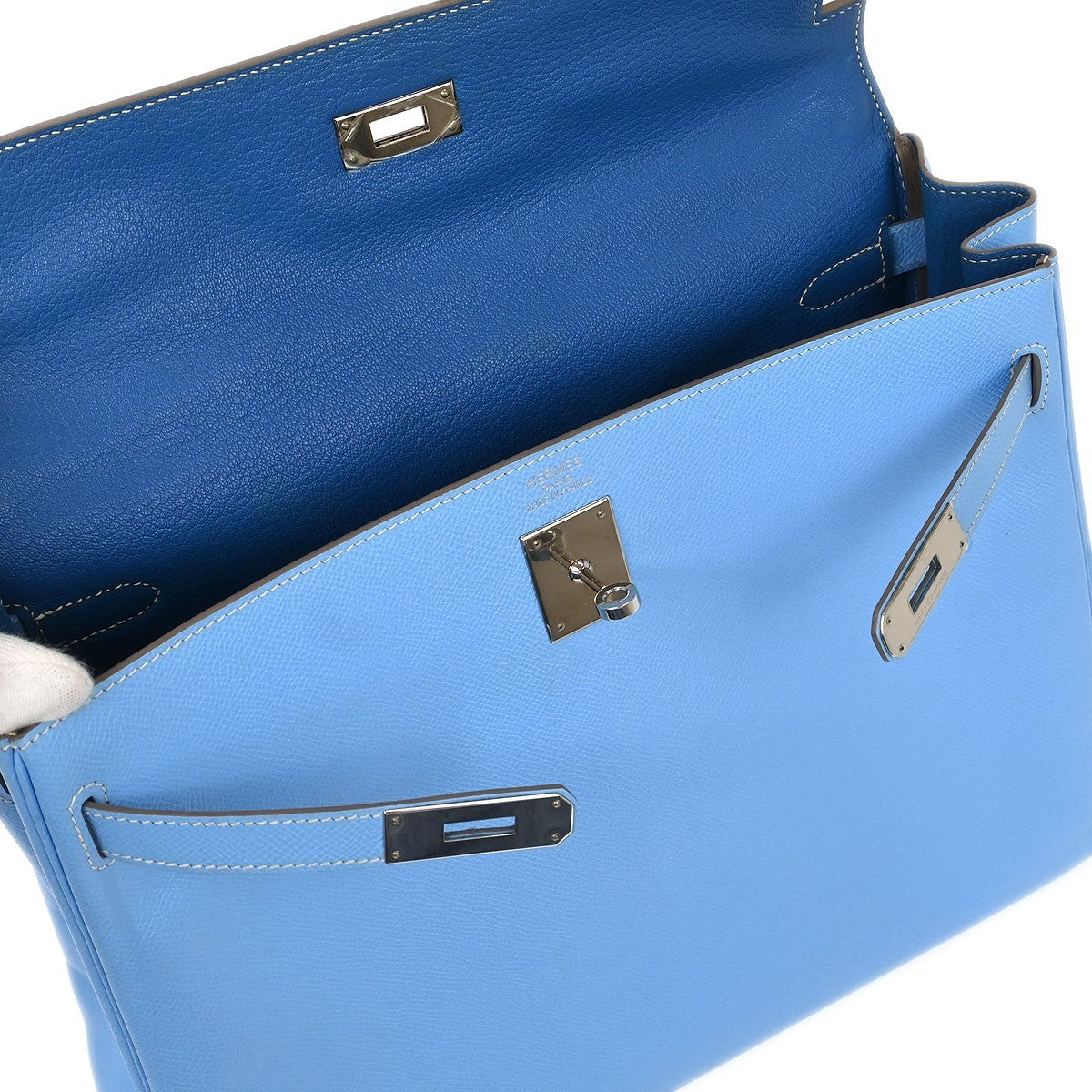 Hermes Kelly Handbag Blue Epsom With Palladium Hardware Blue Leather Handbag (Pre-Owned)