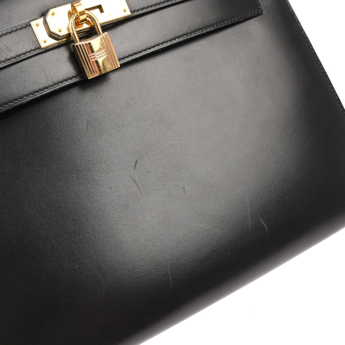 Hermes Kelly Handbag Black Box Calf With Gold Hardware Black Calfskin Handbag (Pre-Owned)