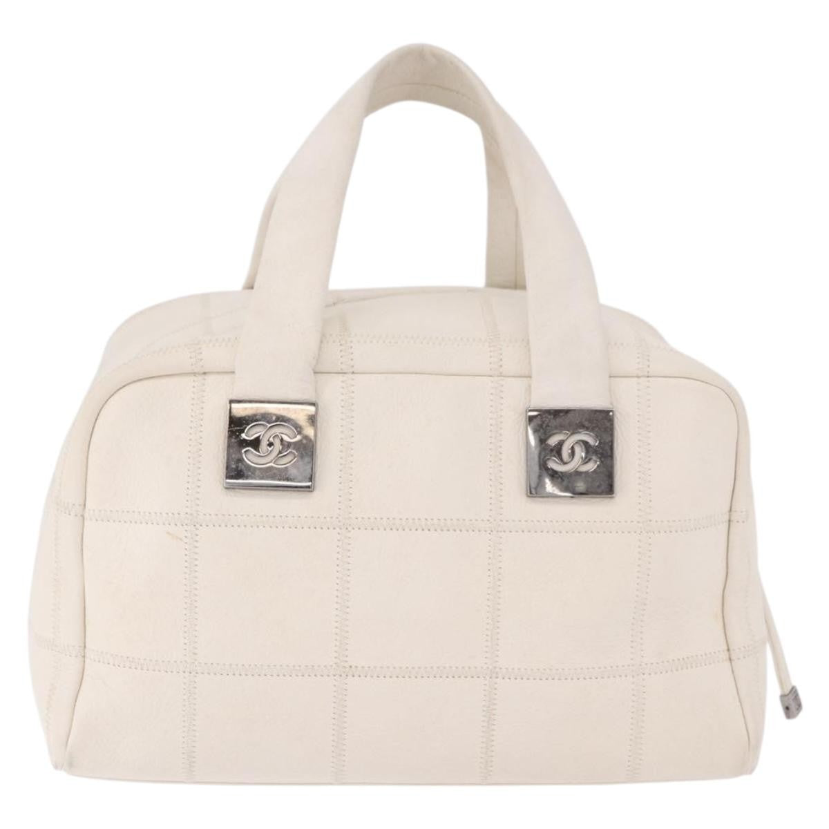 Chanel Square Stitch Bowler Bag Qulted Leather White Leather Handbag (Pre-Owned)