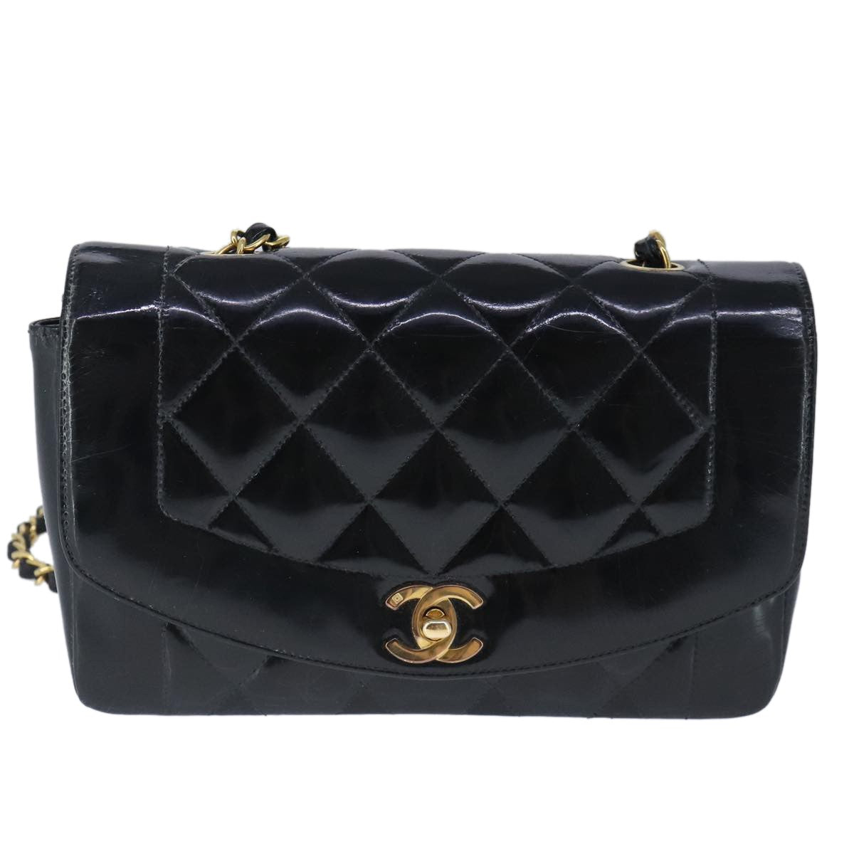 Chanel Vintage So Black Diana Flap Bag Quilted Patent Black Patent_Leather Shoulder Bag Bag (Pre-Owned)