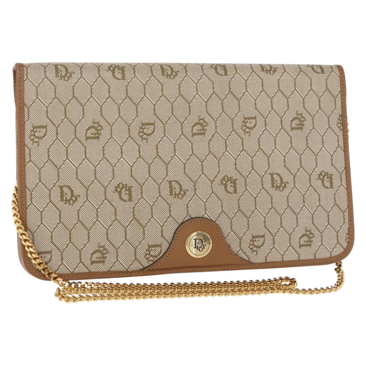 Christian Dior Vintage Honeycomb Chain Canvas Beige Canvas Shoulder Bag Bag (Pre-Owned)