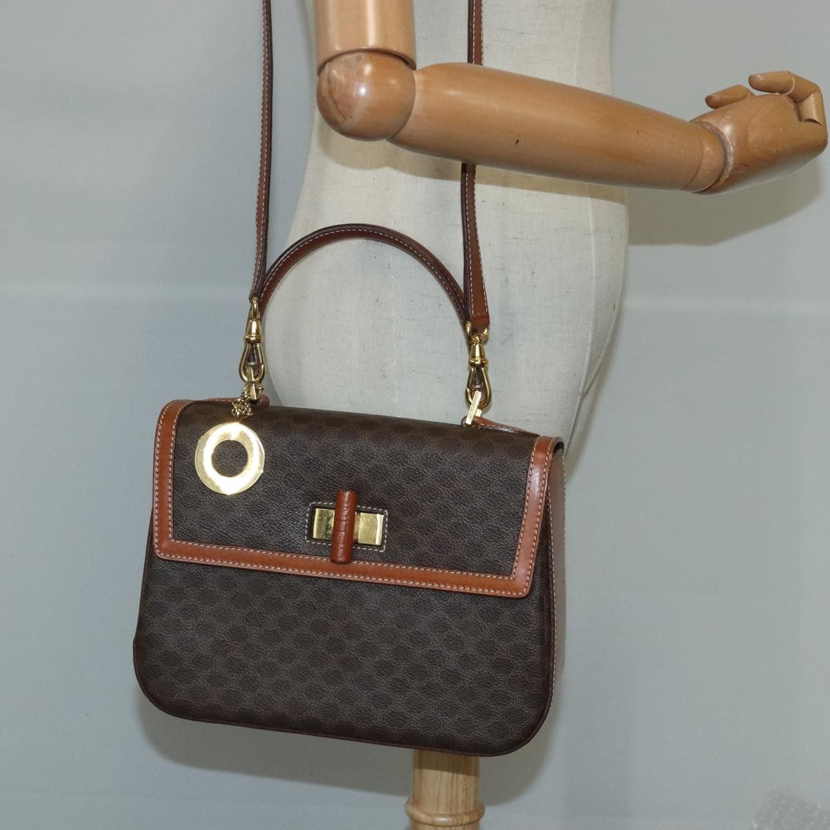 Celine Vintage Convertible Top Handle Bag Macadam Coated Canvas Brown Canvas Handbag (Pre-Owned)