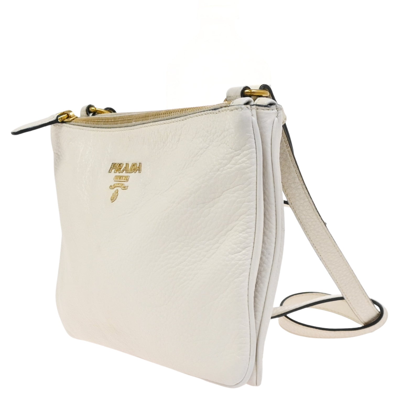 Prada Double Zip Crossbody Bag Vitello Daino White Leather Shoulder Bag Bag (Pre-Owned)