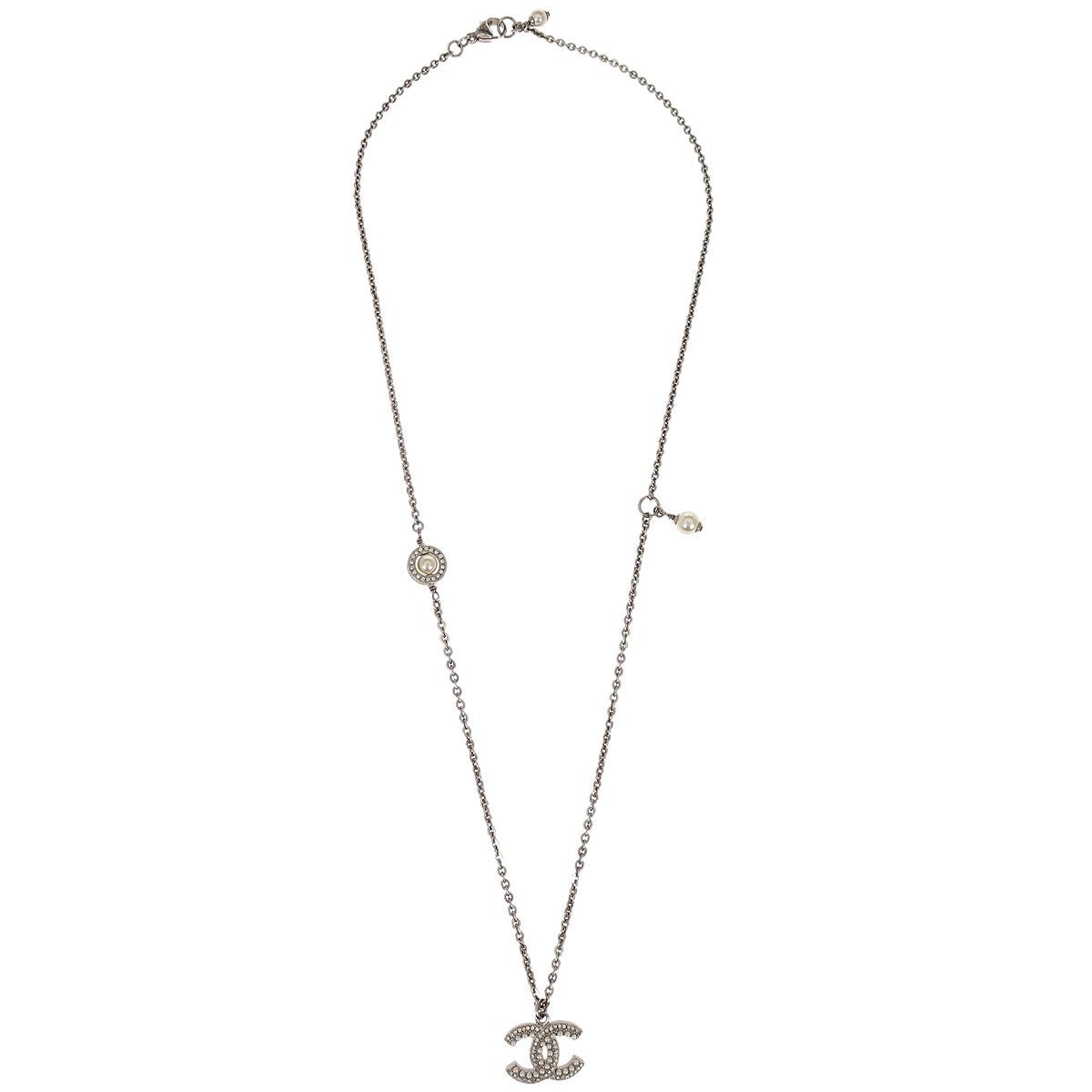 Chanel Cc Chain Necklace Metal With Faux Pearls Silver Mesh Necklace Jewelry (Pre-Owned)