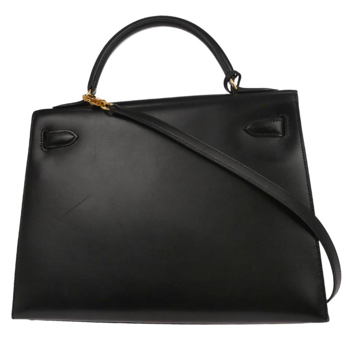 Hermes Kelly Handbag Black Box Calf With Gold Hardware Black Calfskin Handbag (Pre-Owned)