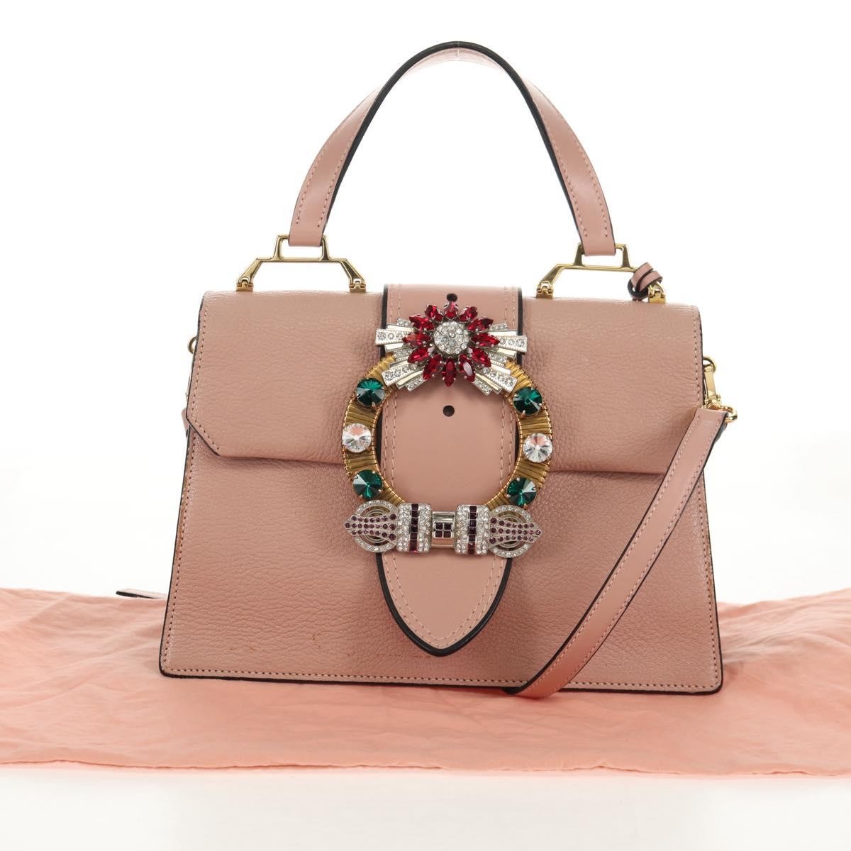 Miu Miu Madras Crystal Buckle Shoulder Bag Leather Pink Leather Handbag (Pre-Owned)