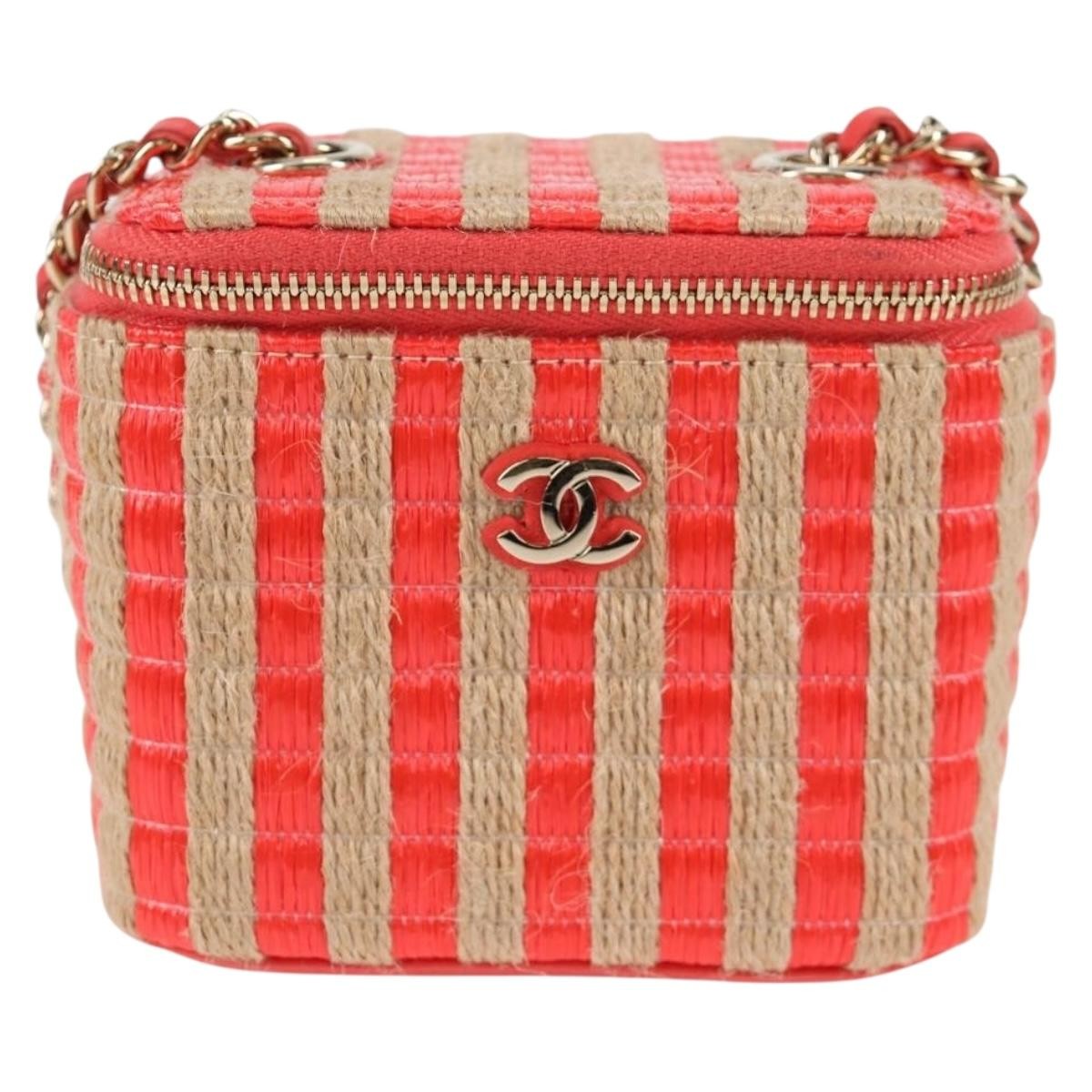 Chanel Classic Vanity Case With Chain Striped Raffia And Jute Red Canvas Shoulder Bag Bag (Pre-Owned)