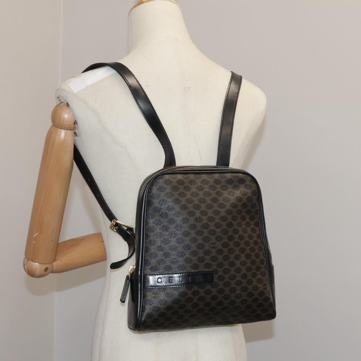 Celine Vintage Macadam Backpack Canvas And Leather Black Canvas Backpack Bag (Pre-Owned)