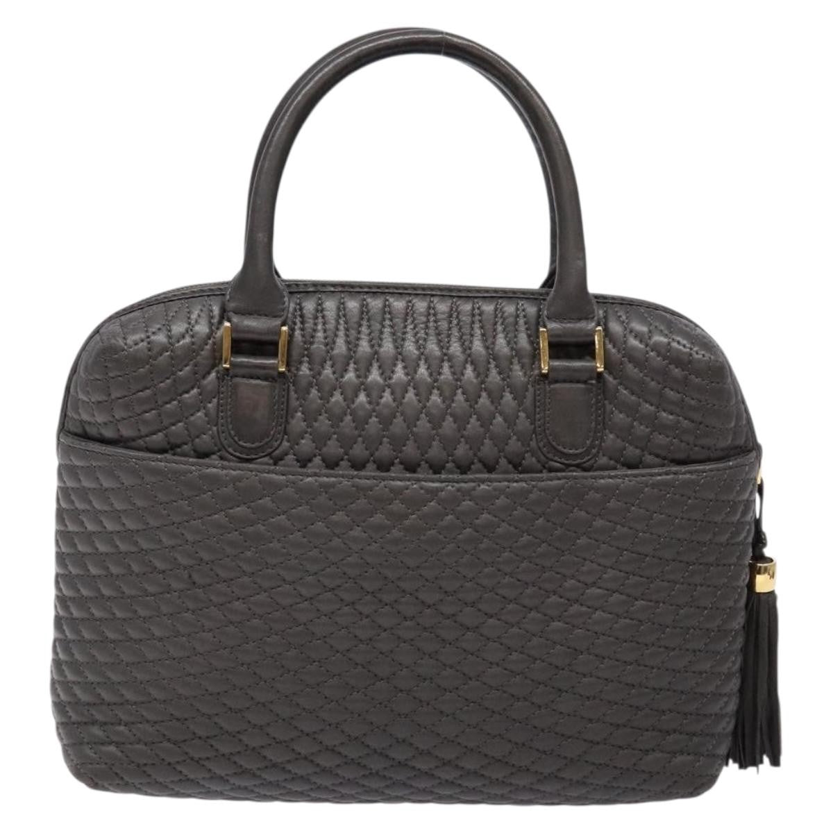 Bally Vintage Handbag Quilted Leather Gray Leather Handbag (Pre-Owned)