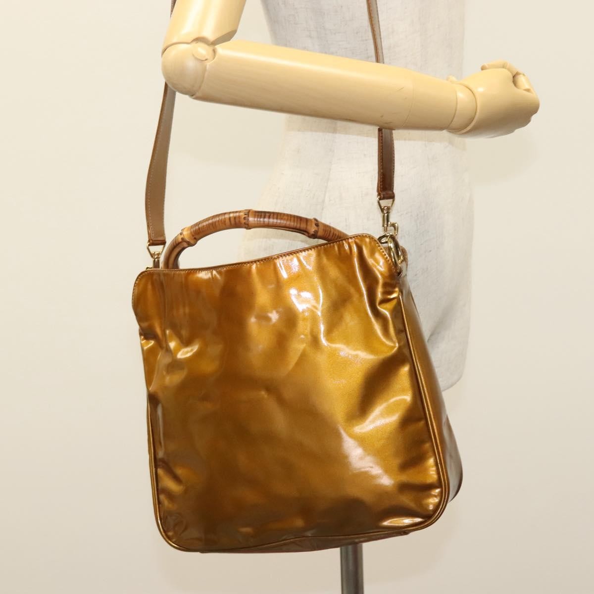 Gucci Vintage Bamboo Handle Bag Patent Leather Gold Patent_Leather Handbag (Pre-Owned)