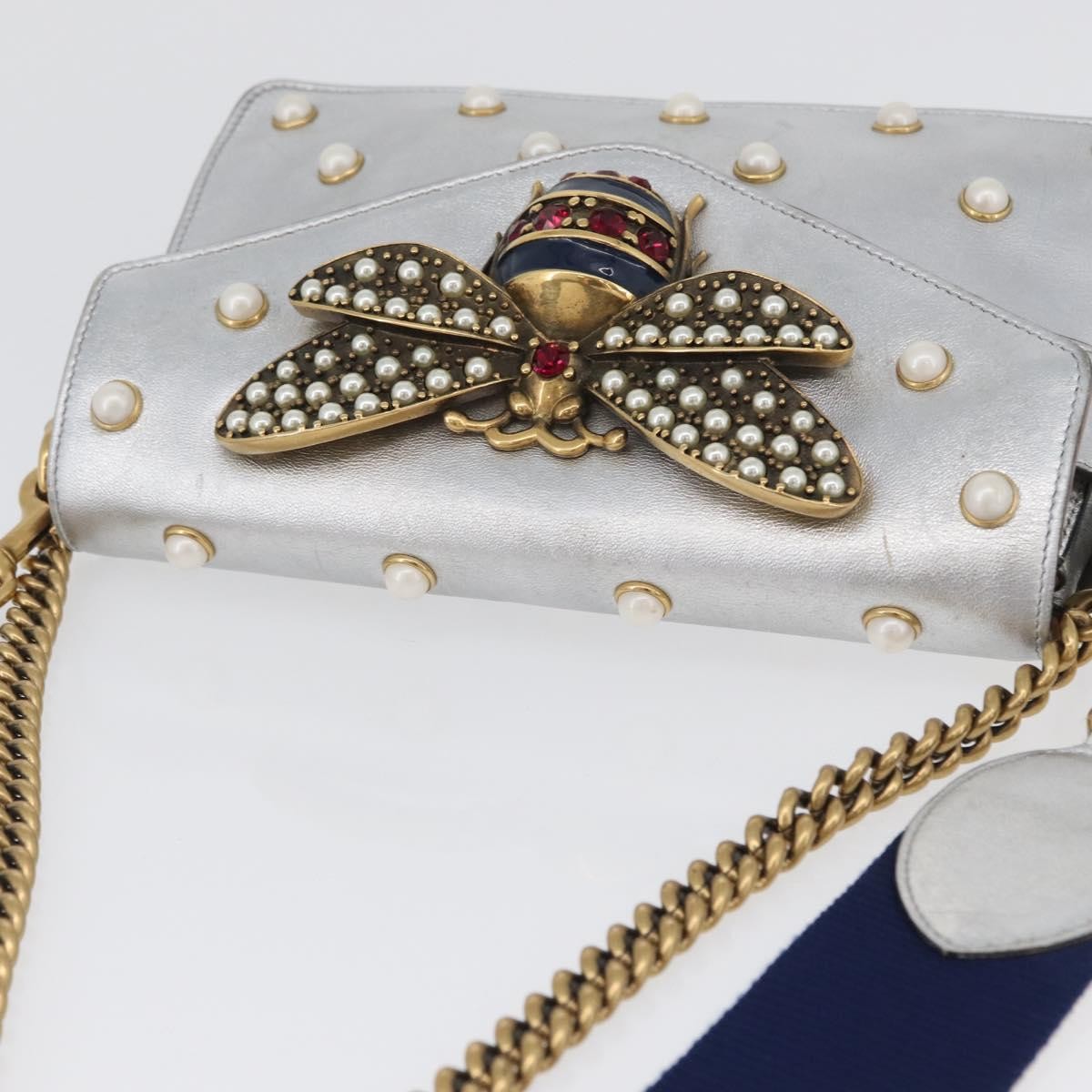Gucci Broadway Pearly Bee Shoulder Bag Embellished Leather Silver Leather Shoulder Bag Bag (Pre-Owned)