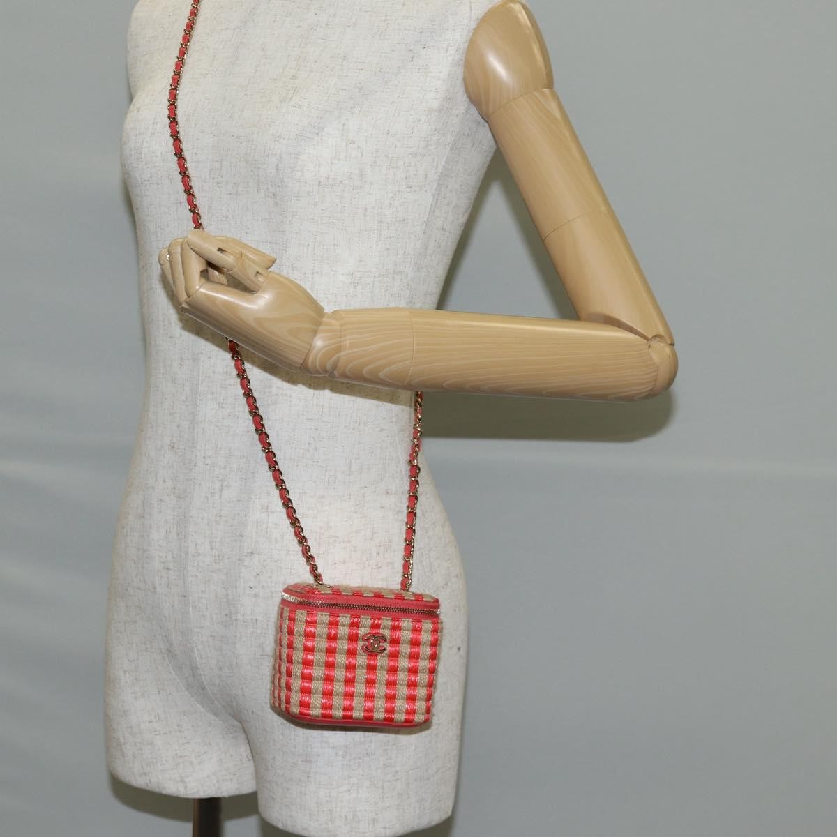 Chanel Classic Vanity Case With Chain Striped Raffia And Jute Red Canvas Shoulder Bag Bag (Pre-Owned)