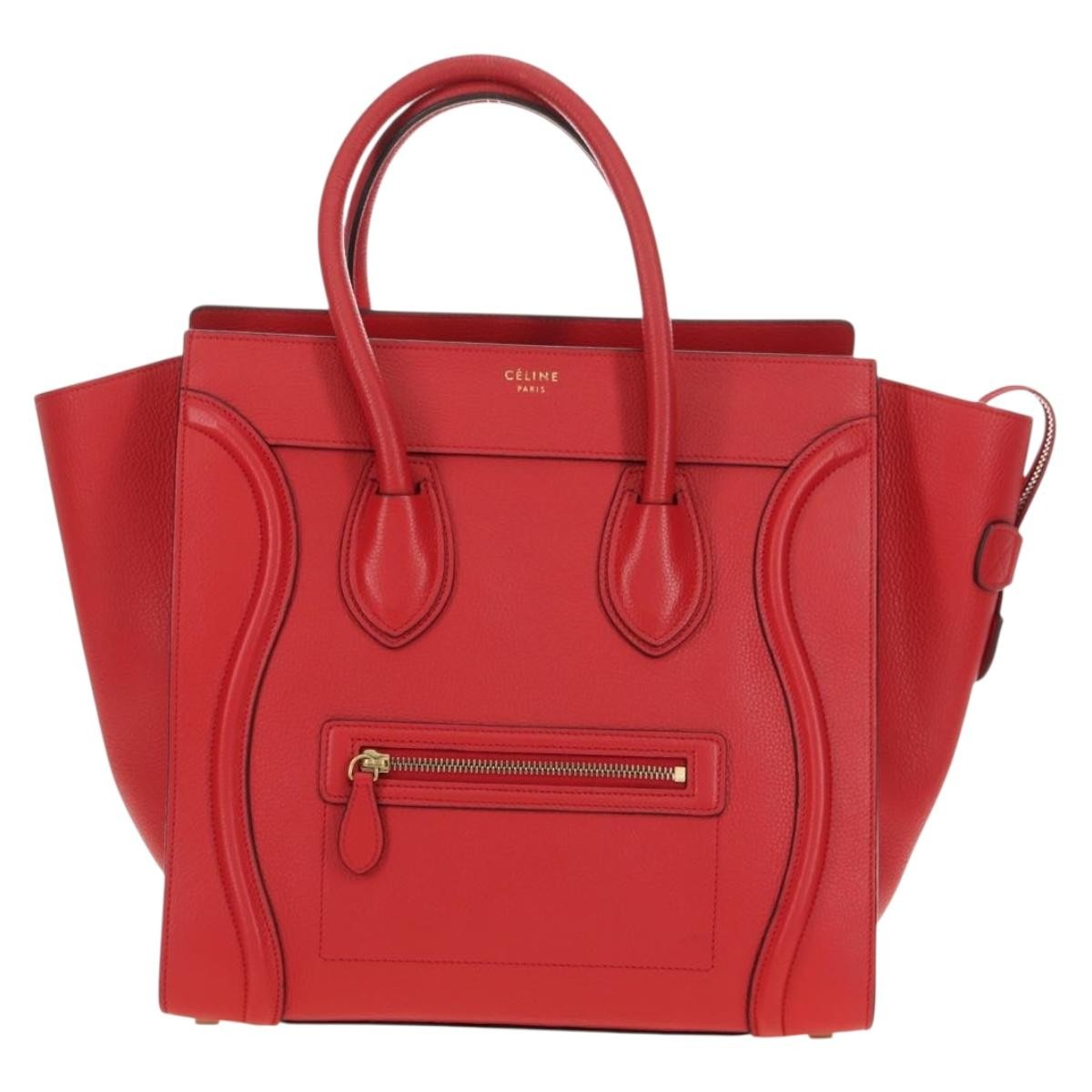 Celine Luggage Bag Grainy Leather Red Leather Handbag (Pre-Owned)