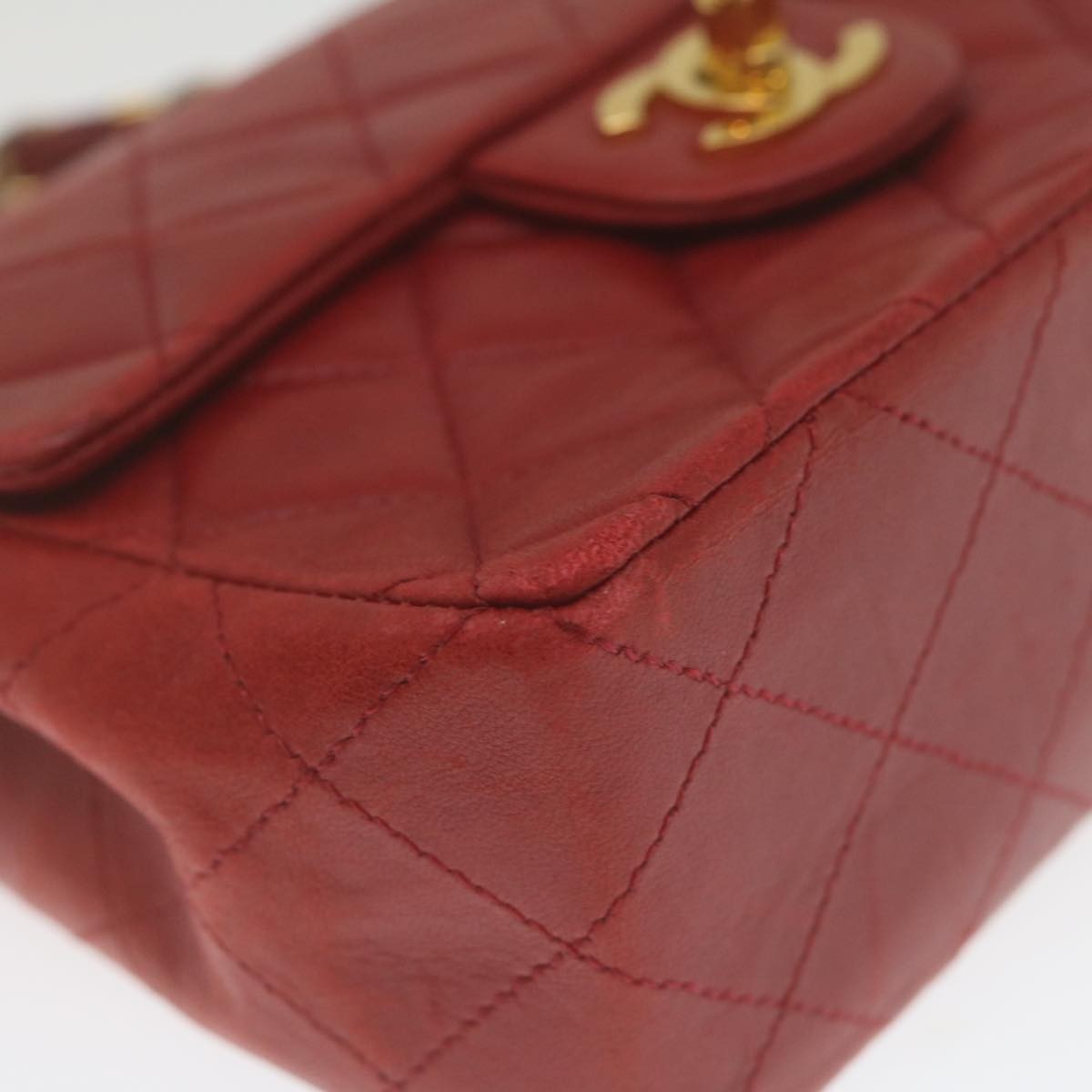 Chanel Vintage Square Chain Handle Flap Bag Quilted Lambskin Red Leather Handbag (Pre-Owned)