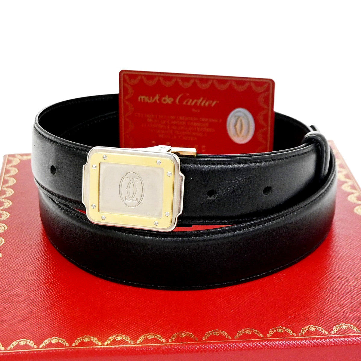 Cartier Santos Plaque Reversible Belt Leather Black Leather Belts Accessory (Pre-Owned)
