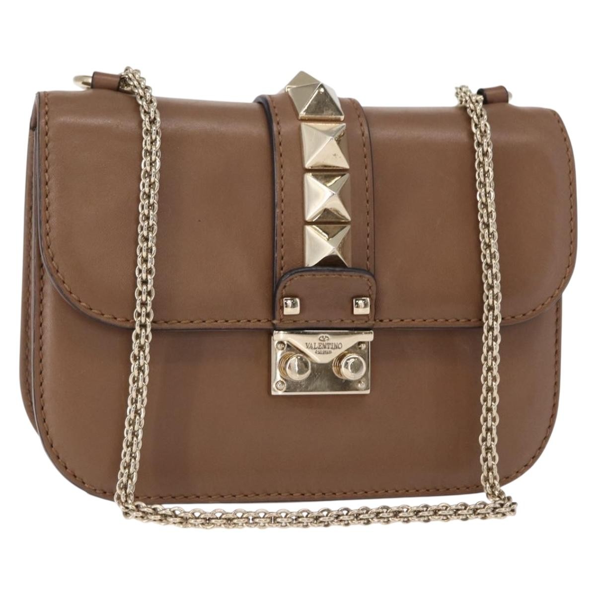 Valentino Garavani Rolling Rockstud Glam Lock Shoulder Bag Leather Brown Leather Shoulder Bag Bag (Pre-Owned)