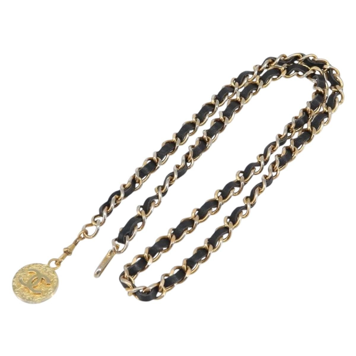 Chanel Vintage Logo Chain Belt Metal And Leather Black Metal Belts Accessory (Pre-Owned)