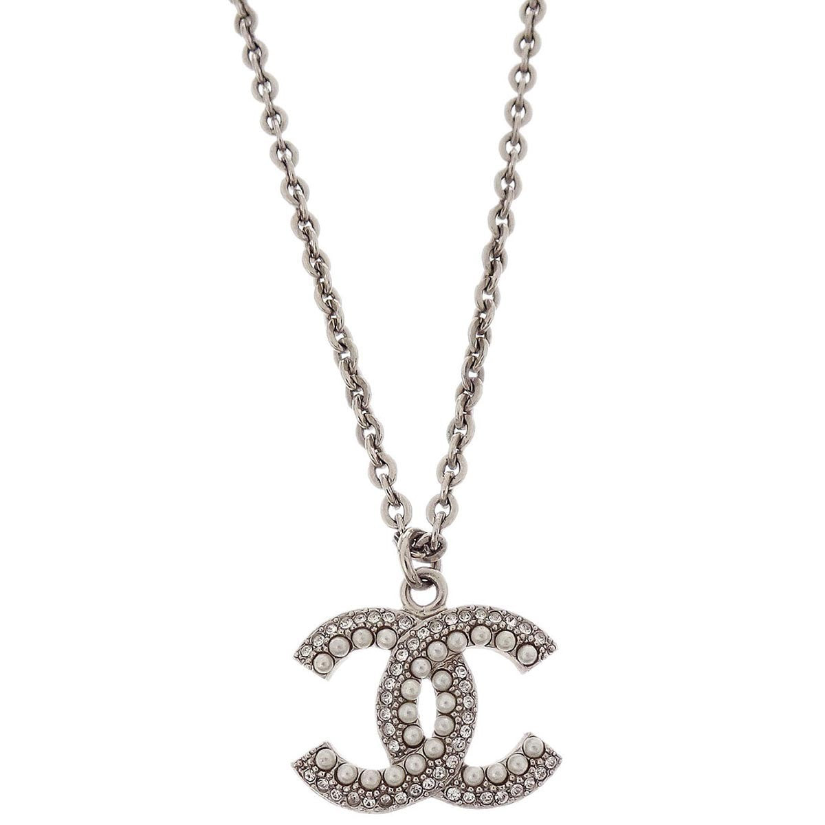 Chanel Cc Chain Necklace Metal With Faux Pearls Silver Mesh Necklace Jewelry (Pre-Owned)