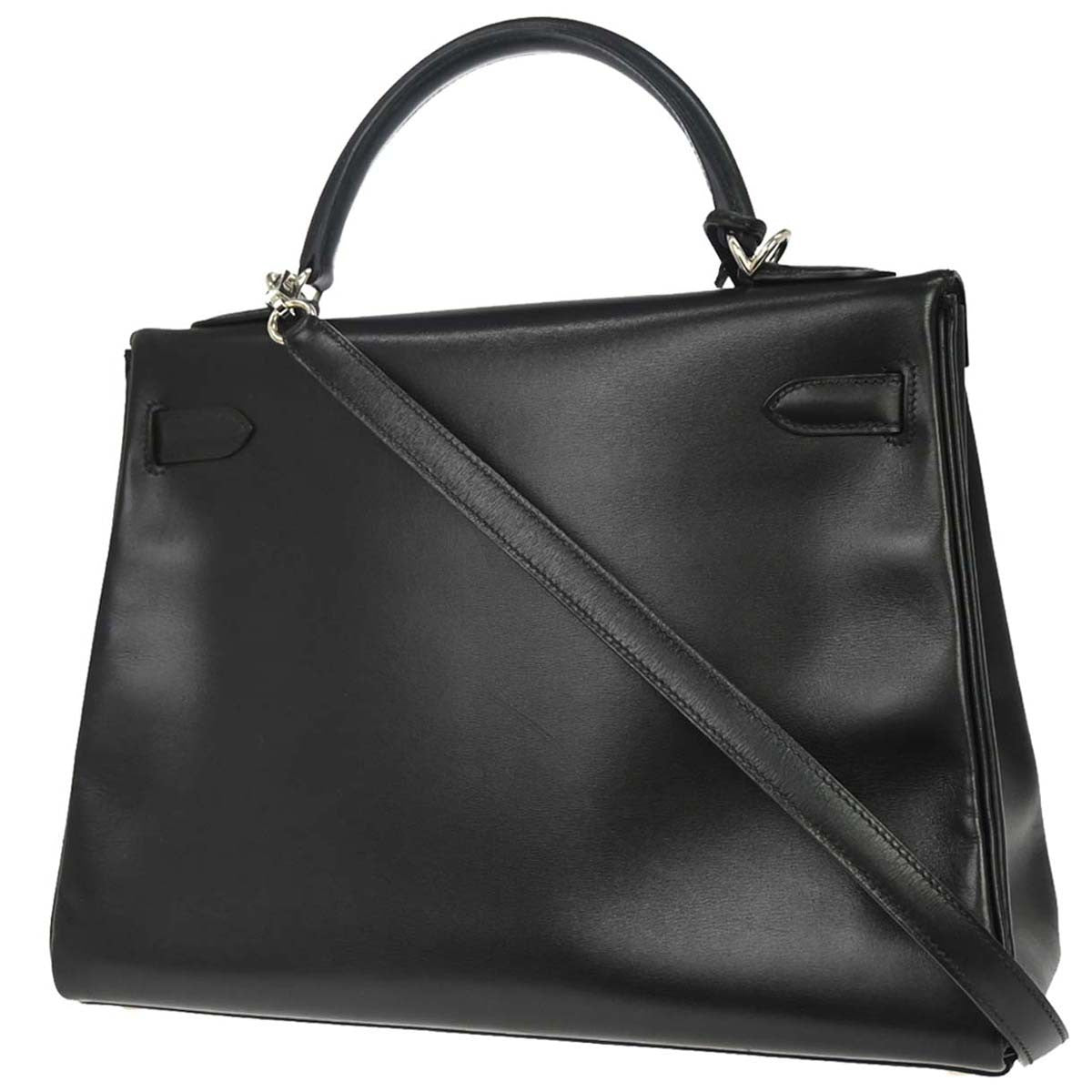 Hermes Kelly Handbag Black Box Calf With Palladium Hardware Black Leather Handbag (Pre-Owned)