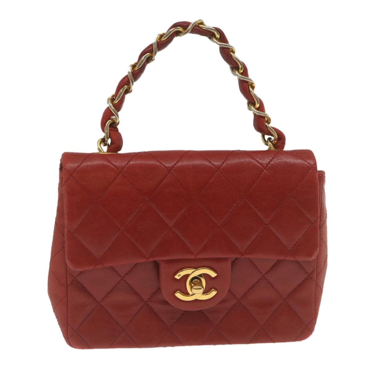 Chanel Vintage Square Chain Handle Flap Bag Quilted Lambskin Red Leather Handbag (Pre-Owned)