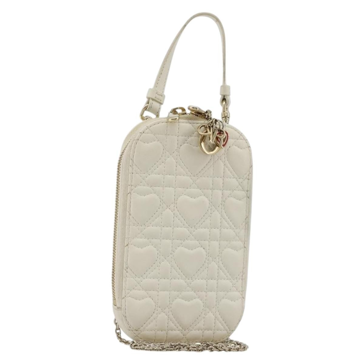 Christian Dior Lady Dior Phone Holder On Chain Cannage Quilt Lambskin White Leather Shoulder Bag Bag (Pre-Owned)