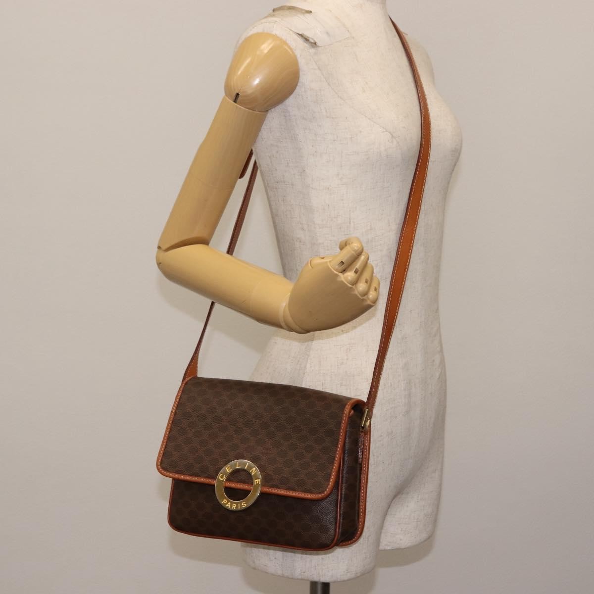 Celine Vintage Macadam Circle Logo Shoulder Bag Canvas And Leather Brown Canvas Bag (Pre-Owned)