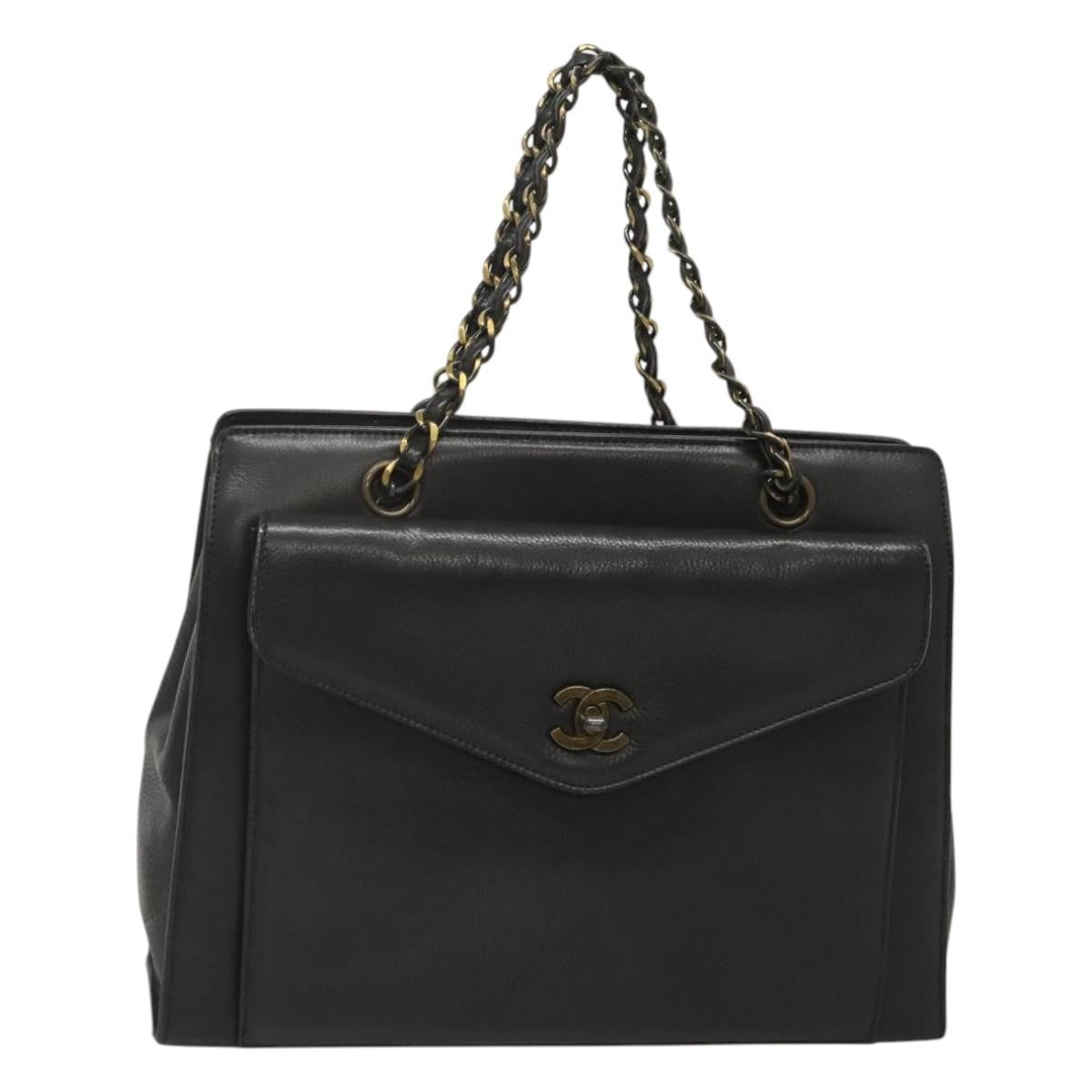 Chanel Vintage Front Pocket Chain Tote Leather Black Leather Shoulder Bag Bag (Pre-Owned)