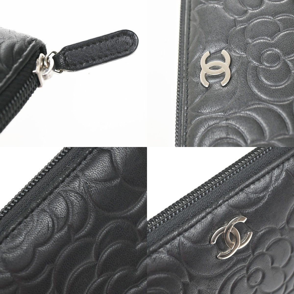 Chanel Camellia Zip Around Organizer Leather Black Leather Wallets Accessory (Pre-Owned)