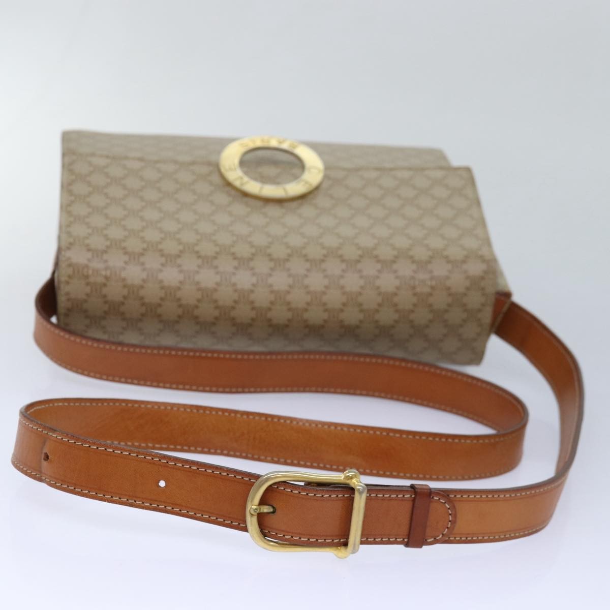 Celine Vintage Macadam Circle Logo Shoulder Bag Canvas And Leather Beige Canvas Shoulder Bag Bag (Pre-Owned)