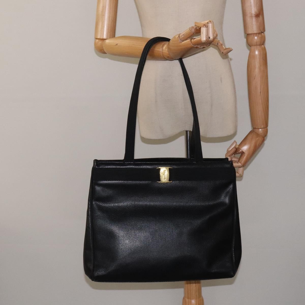 Salvatore Ferragamo Vintage Vara Bow Tote Lizard Embossed Leather Black Leather Tote Bag Bag (Pre-Owned)