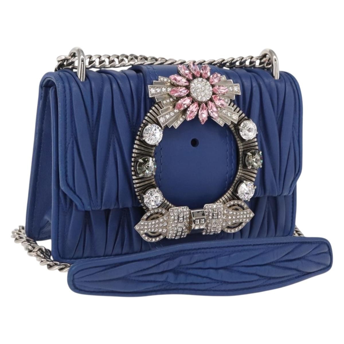 Miu Miu Madras Crystal Buckle Shoulder Bag Leather Blue Leather Shoulder Bag Bag (Pre-Owned)