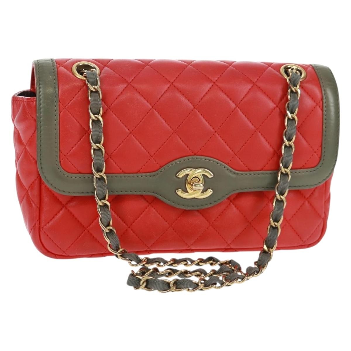 Chanel Two Tone Flap Bag Quilted Lambskin Red Leather Shoulder Bag Bag (Pre-Owned)