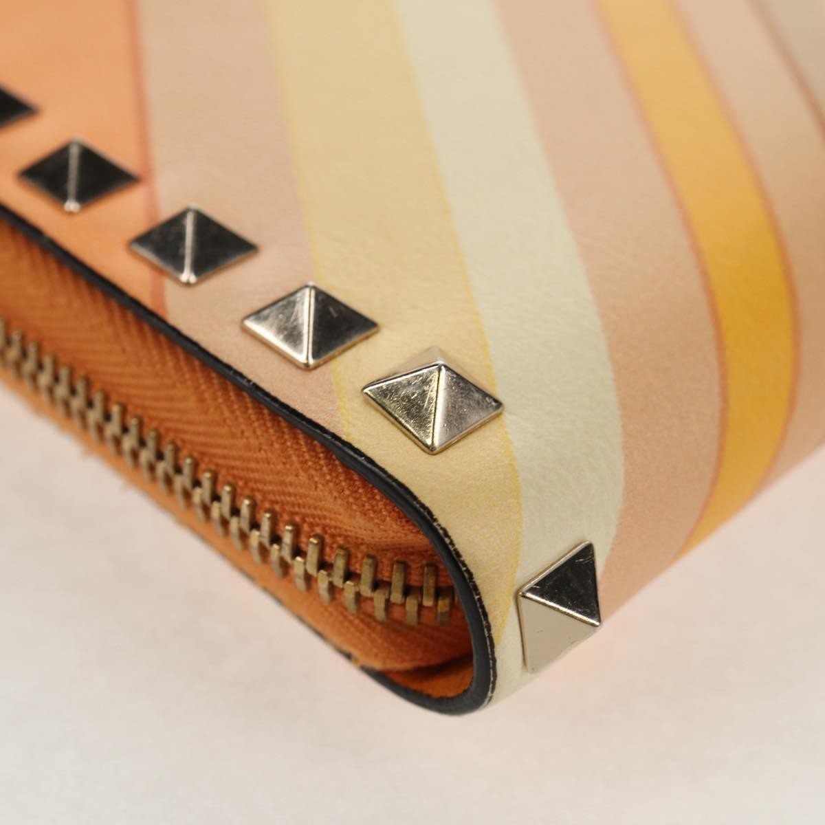 Valentino Garavani Rockstud Zip Around Wallet Striped Leather Orange Leather Wallets Accessory (Pre-Owned)