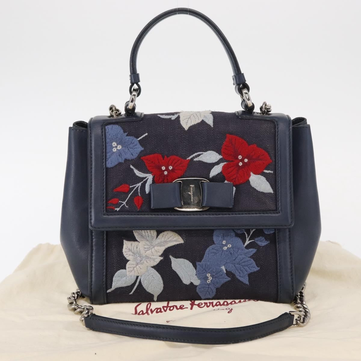 Salvatore Ferragamo Vala Handbag Leather Navy Denim_Jeans Handbag (Pre-Owned)