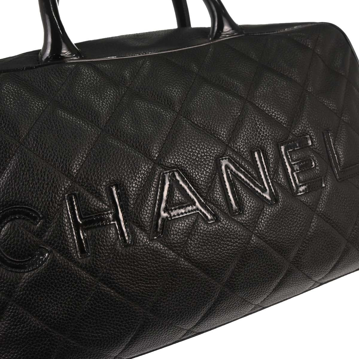 Chanel Embossed Logo Bowler Bag Quilted Caviar Black Leather Travel Bag Bag (Pre-Owned)