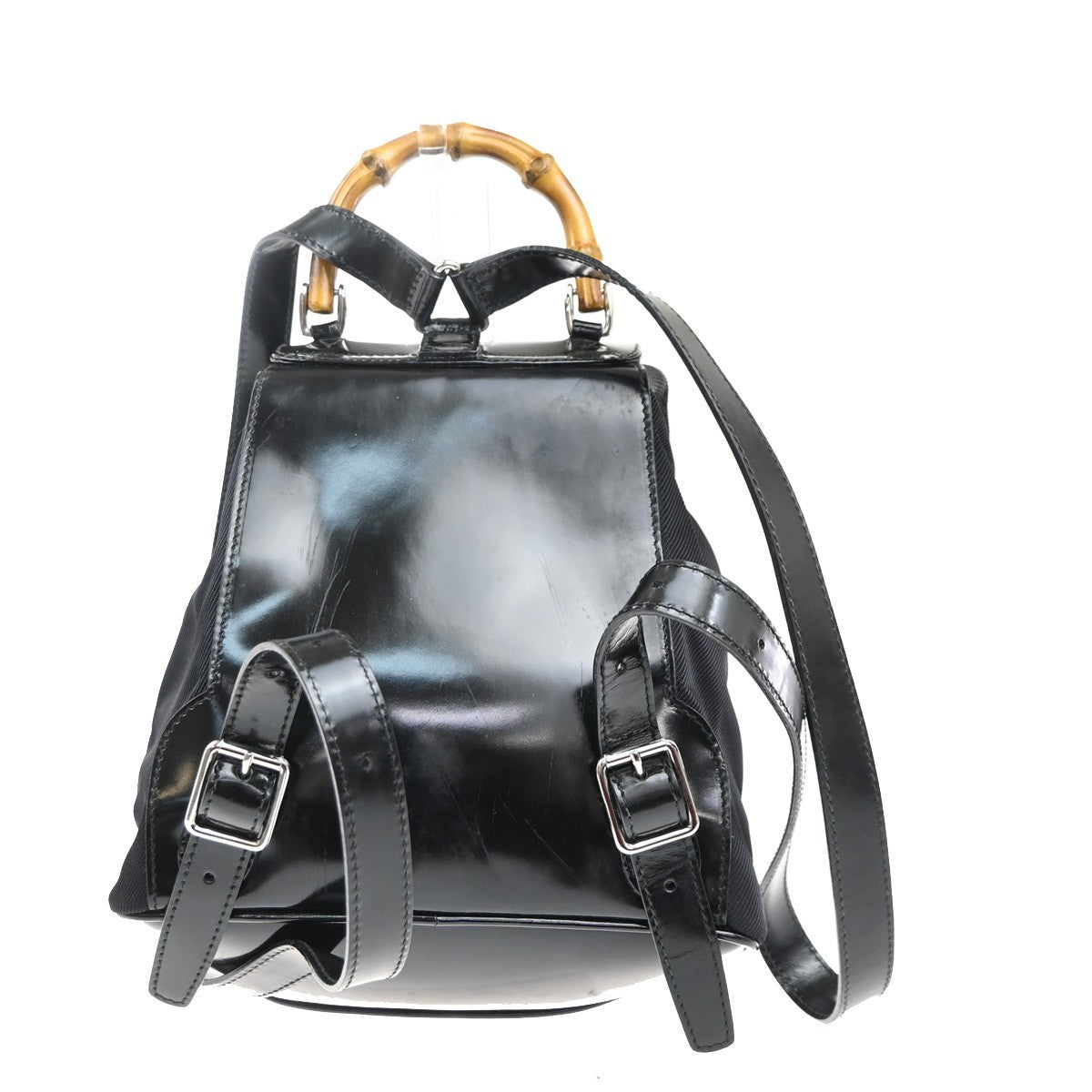 Gucci Vintage Bamboo Backpack Nylon And Patent Leather Black Nylon Backpack Bag (Pre-Owned)