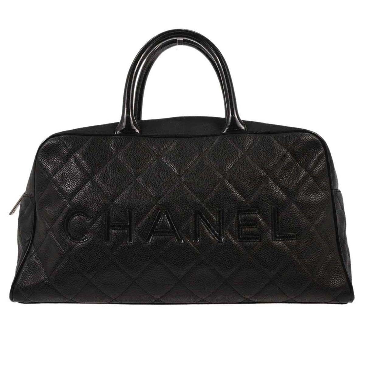 Chanel Embossed Logo Bowler Bag Quilted Caviar Black Leather Travel Bag Bag (Pre-Owned)