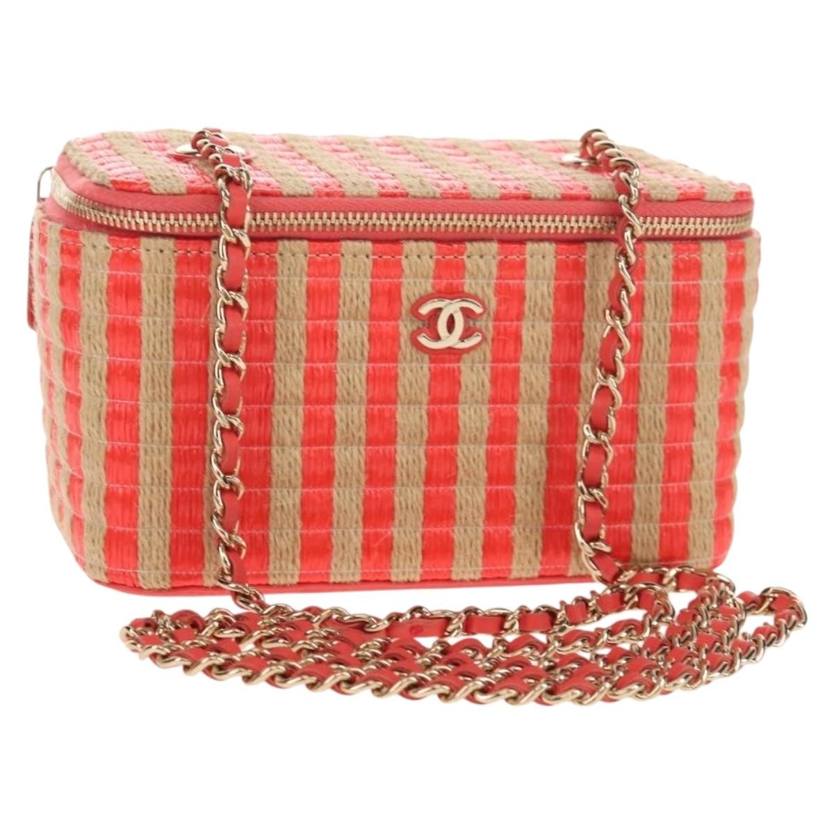 Chanel Classic Vanity Case With Chain Striped Raffia And Jute Beige Canvas Clutche & Pouche Bag (Pre-Owned)