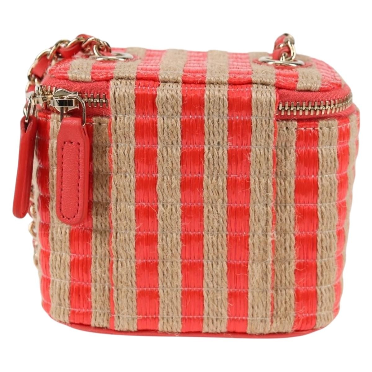 Chanel Classic Vanity Case With Chain Striped Raffia And Jute Red Canvas Shoulder Bag Bag (Pre-Owned)