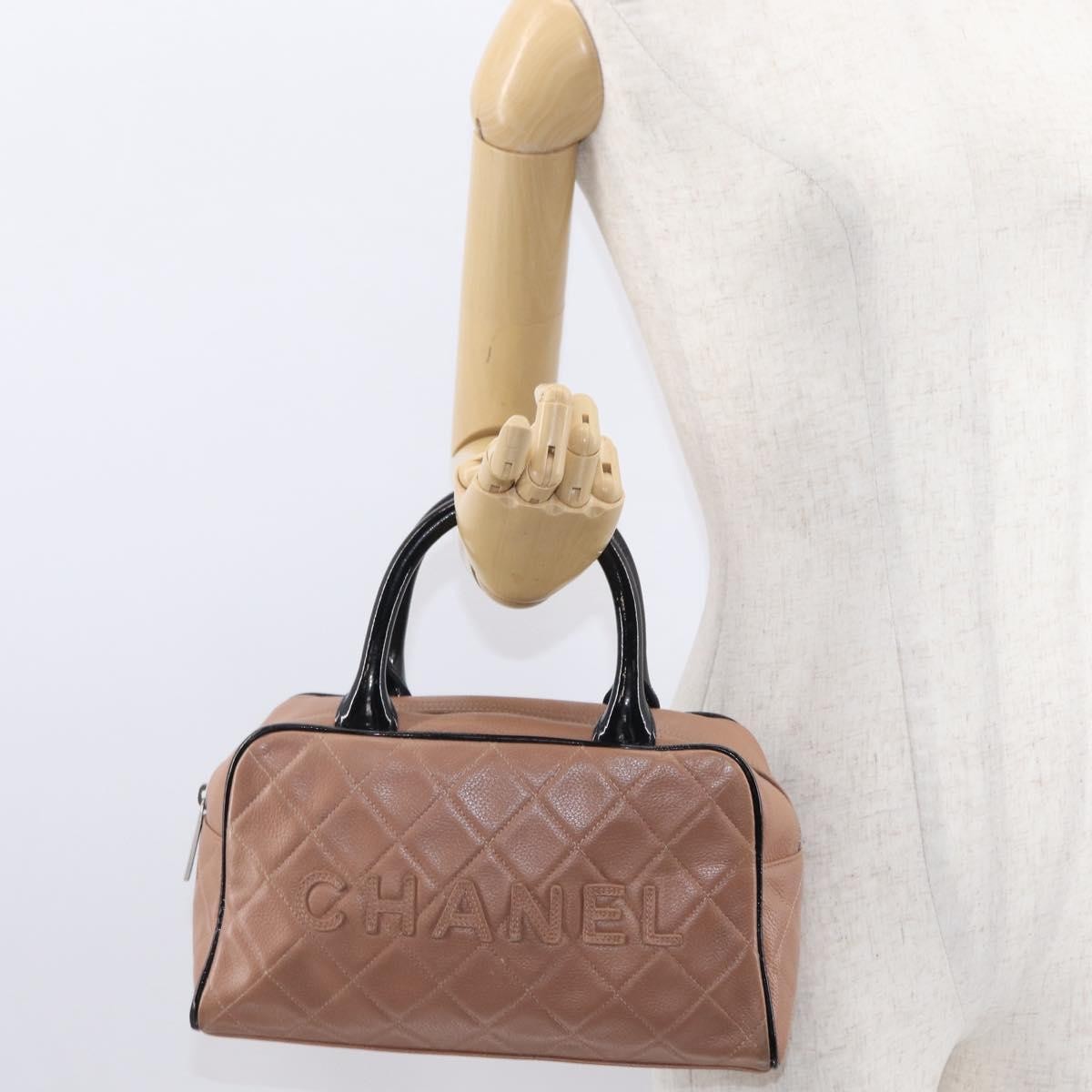 Chanel Embossed Logo Bowler Bag Quilted Caviar Beige Leather Handbag (Pre-Owned)