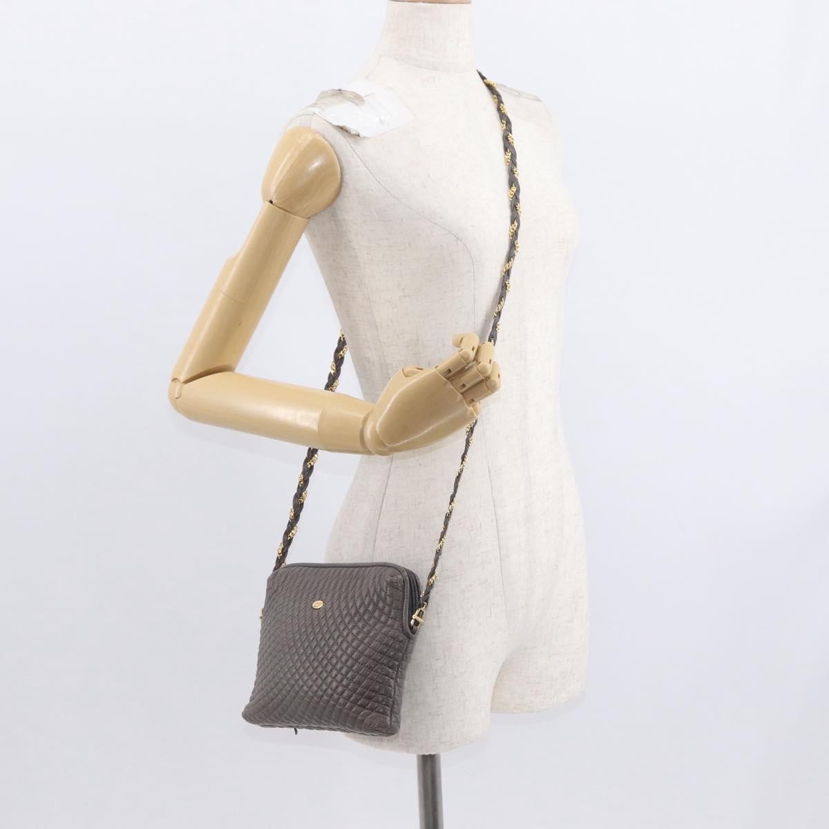 Bally Vintage Chain Shoulder Bag Quilted Leather Gray Leather Shoulder Bag Bag (Pre-Owned)