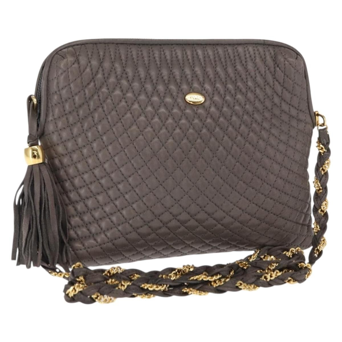 Bally Vintage Chain Shoulder Bag Quilted Leather Gray Leather Shoulder Bag Bag (Pre-Owned)