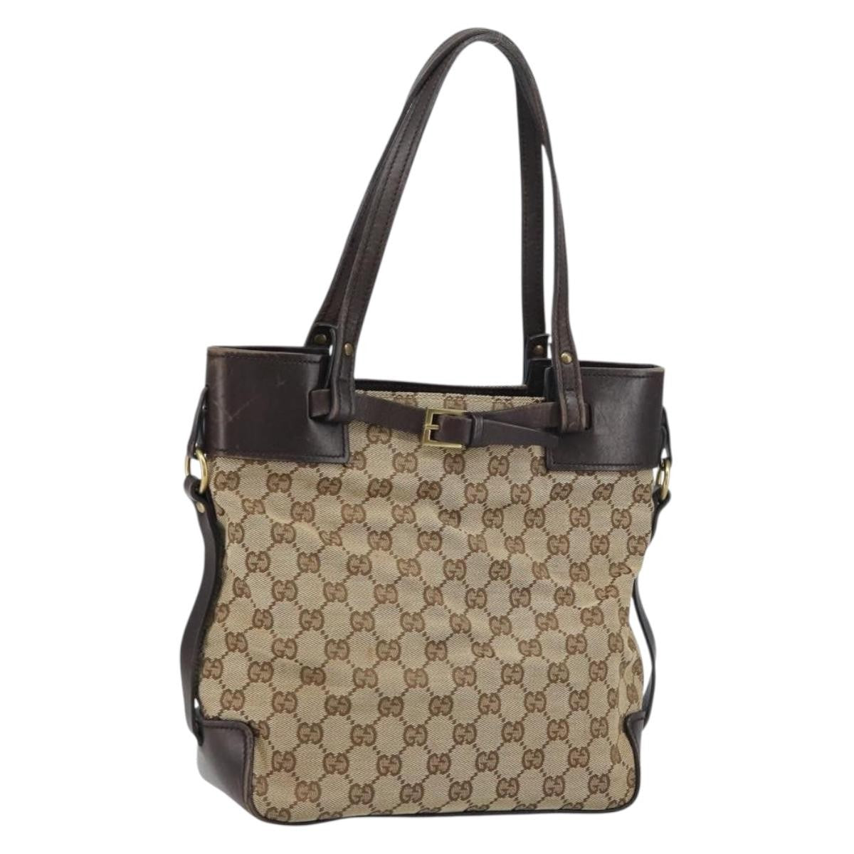 Gucci Belted Bucket Tote Gg Canvas With Leather Beige Canvas Tote Bag Bag (Pre-Owned)