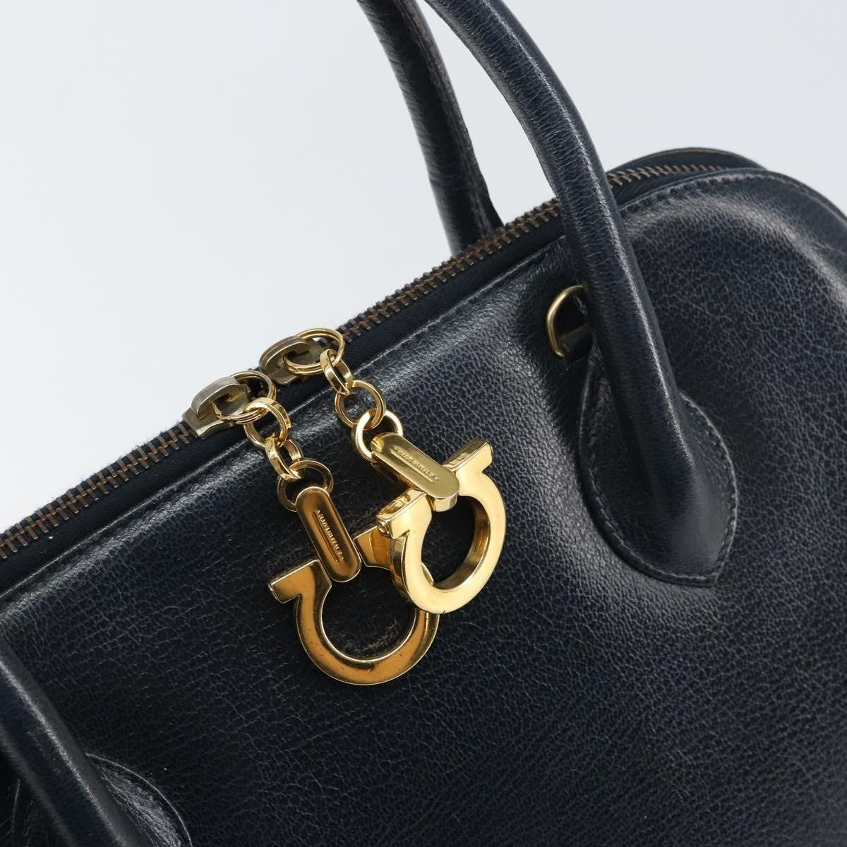 Salvatore Ferragamo Gancini Handbag Leather Navy Leather Handbag (Pre-Owned)