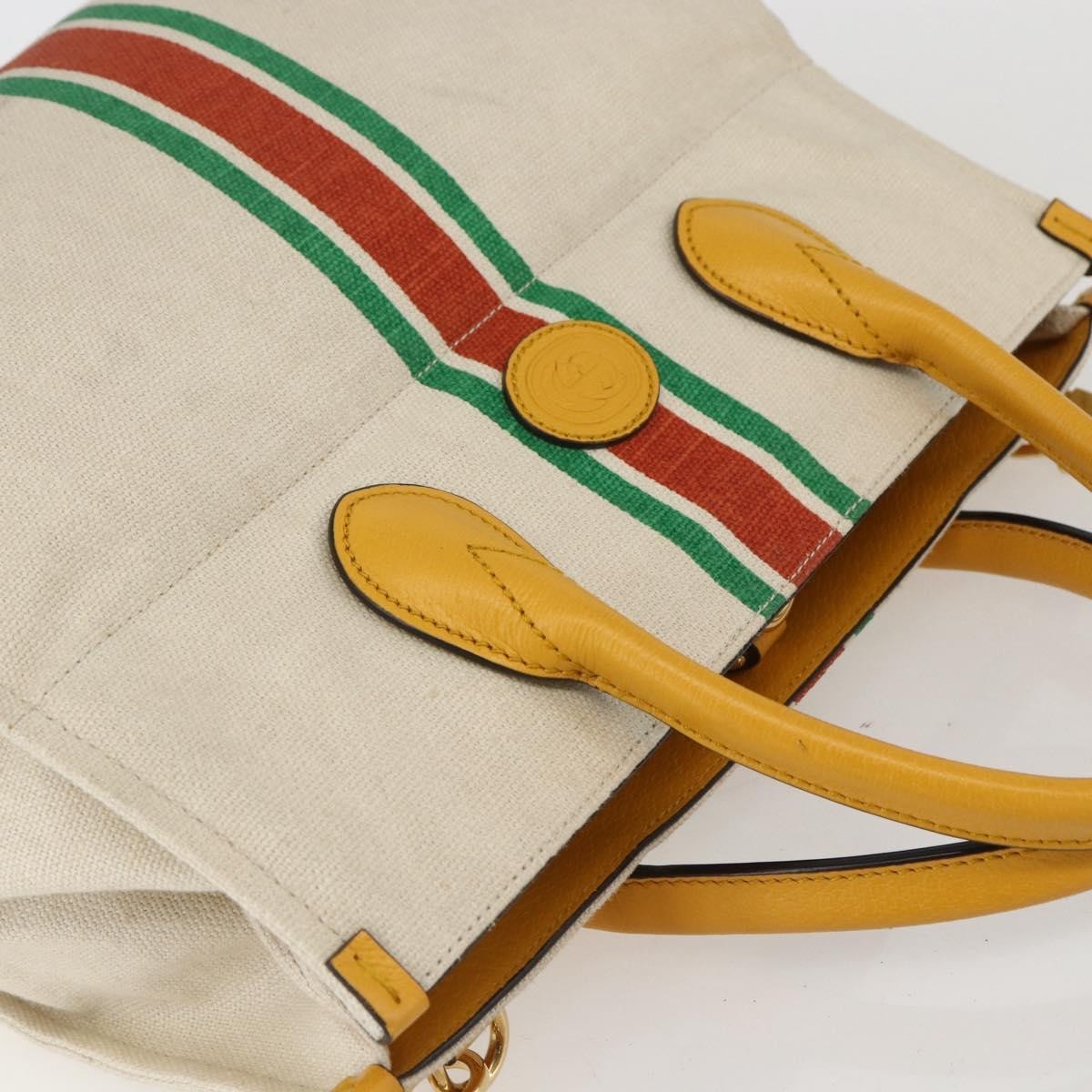 Gucci Foldable Web Tote Canvas With Leather Beige Canvas Tote Bag Bag (Pre-Owned)