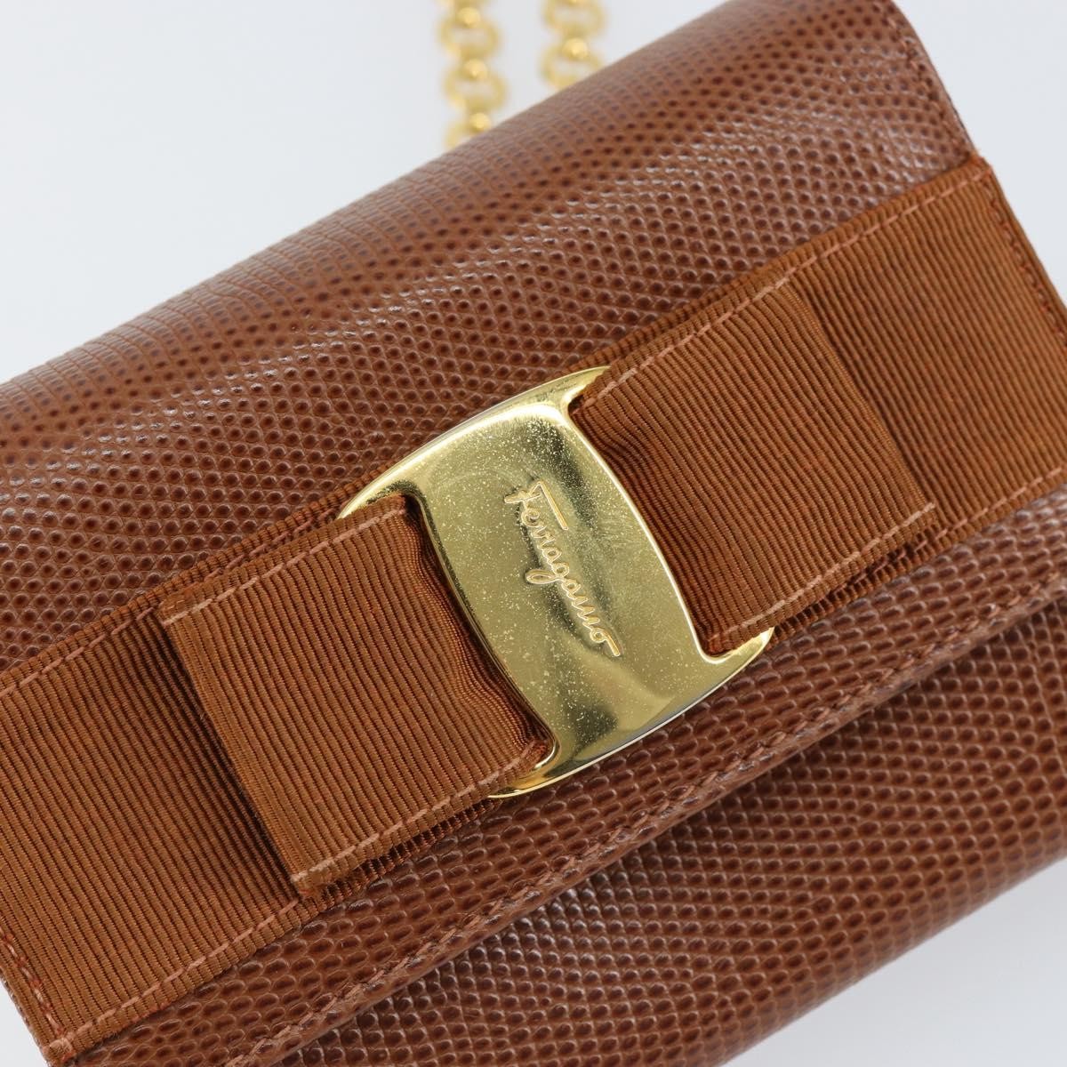 Salvatore Ferragamo Vala Shoulder Bag Embossed Leather Brown Leather Shoulder Bag Bag (Pre-Owned)