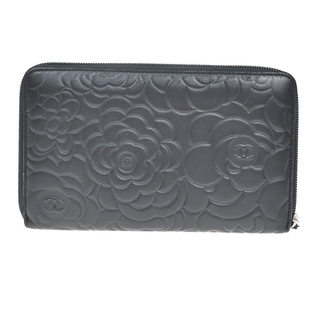 Chanel Camellia Zip Around Organizer Leather Black Leather Wallets Accessory (Pre-Owned)