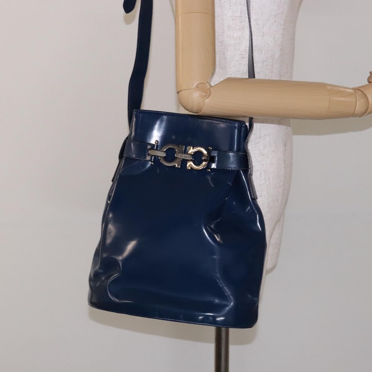 Salvatore Ferragamo Vintage Gancini Bucket Bag Patent Leather Blue Patent_Leather Shoulder Bag Bag (Pre-Owned)