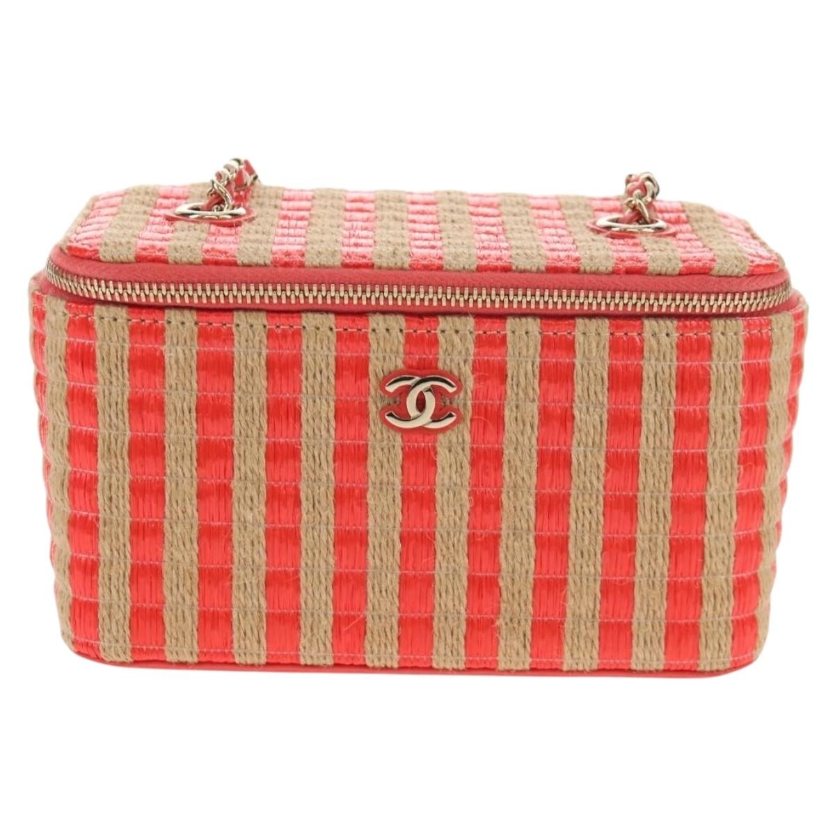 Chanel Classic Vanity Case With Chain Striped Raffia And Jute Beige Canvas Clutche & Pouche Bag (Pre-Owned)