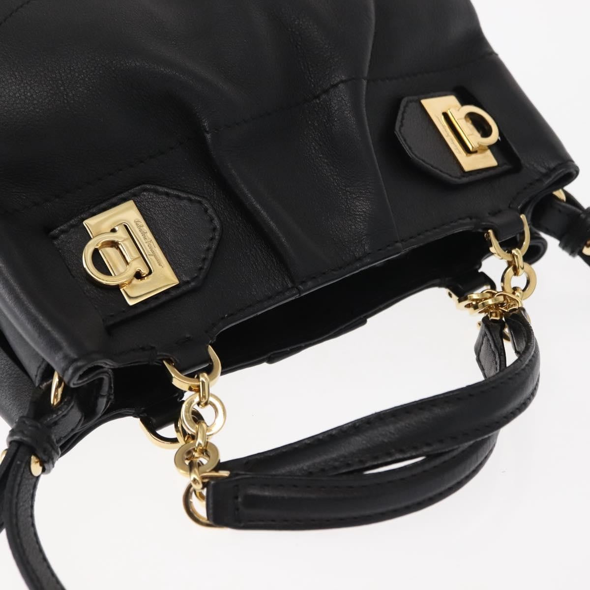 Salvatore Ferragamo W Chain Tote Leather Black Leather Handbag (Pre-Owned)